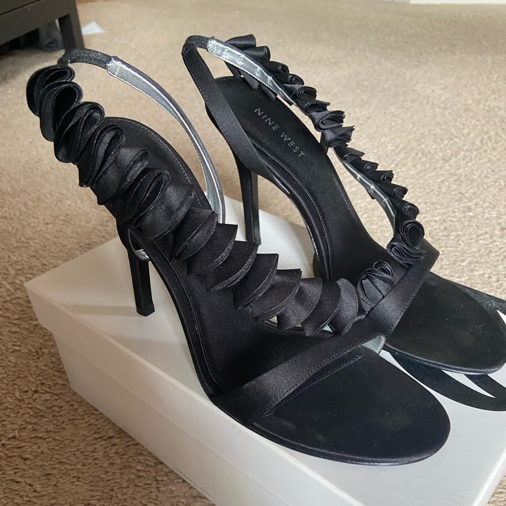Nine West Black Ruffle Formal Sandal Heel